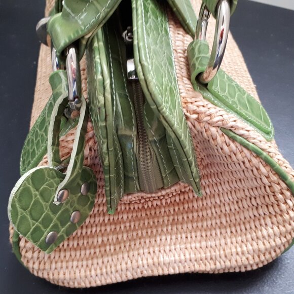 Made in Italy Handbag Straw Woven & Green Crocodile Leather - Picture 4 of 9